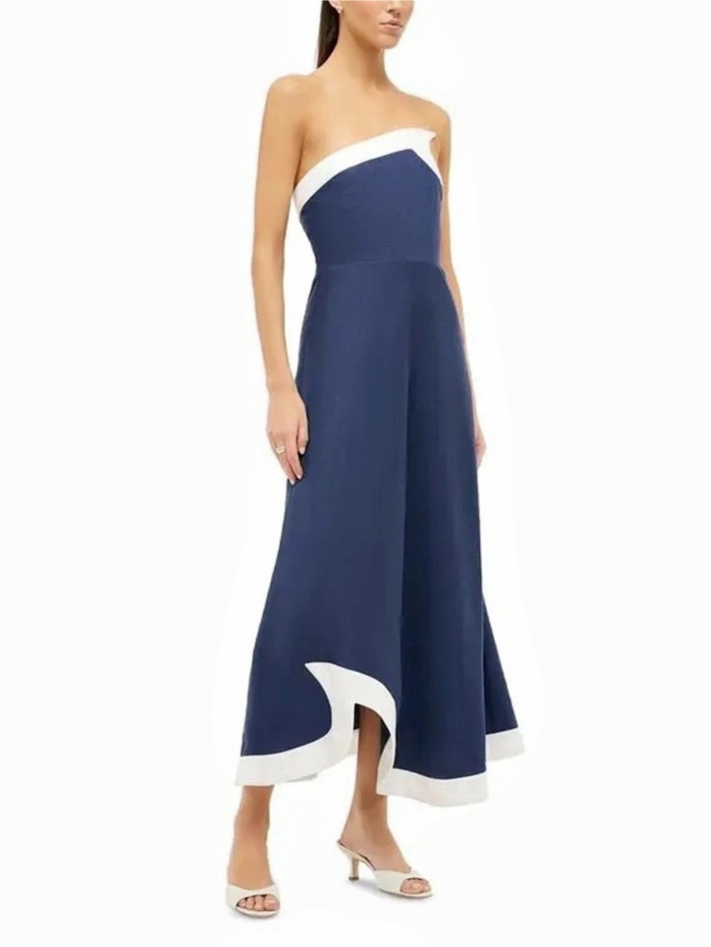 STAUD Sirani Linen Dress Strapless Blue & White Size 2